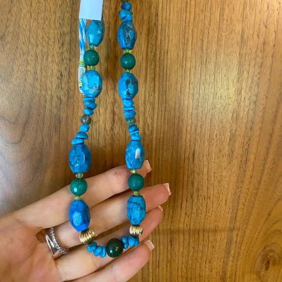 New Natural Turquoise, Pure Gold, & Jade Handmade Necklace Blue Gold Green NWT - Picture 8 of 15
